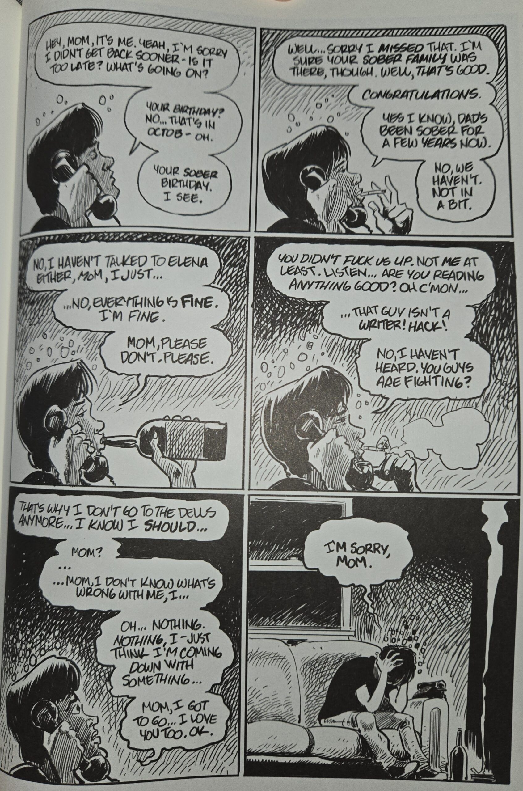 Jim has a six-panel phone conversation with his mother about family and sobriety. He gets increasingly distraught, as evidenced by the shakiness of the speech bubbles and lettering.