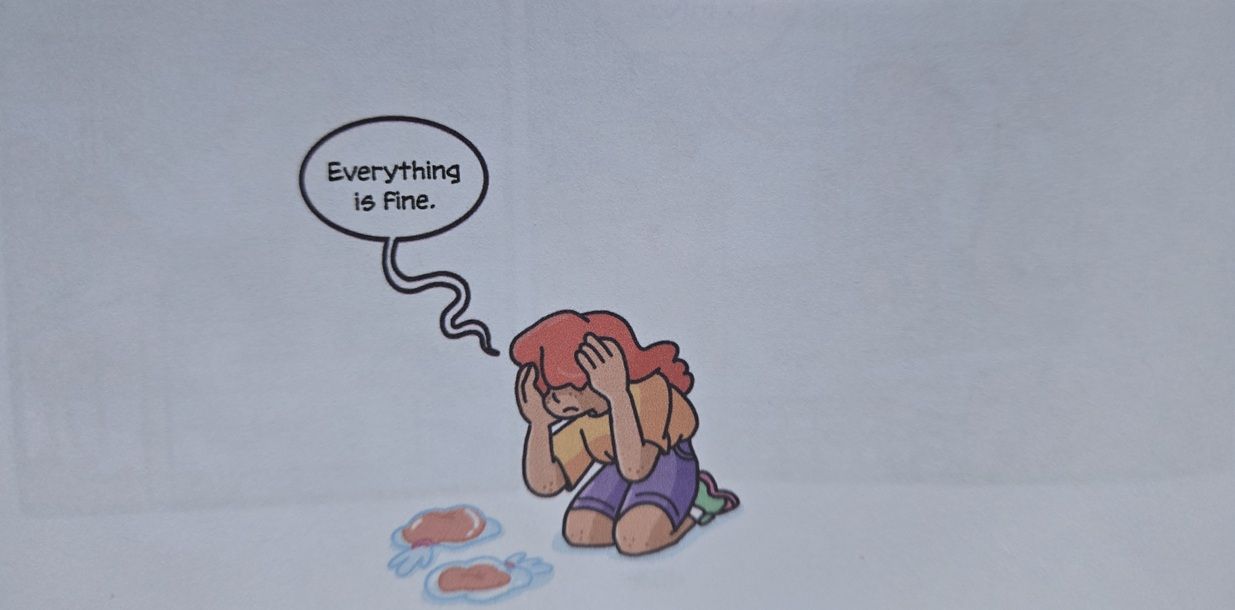 A young girl kneels, distraught, in the middle of a blank white panel as she tries to convince herself "Everything is fine."