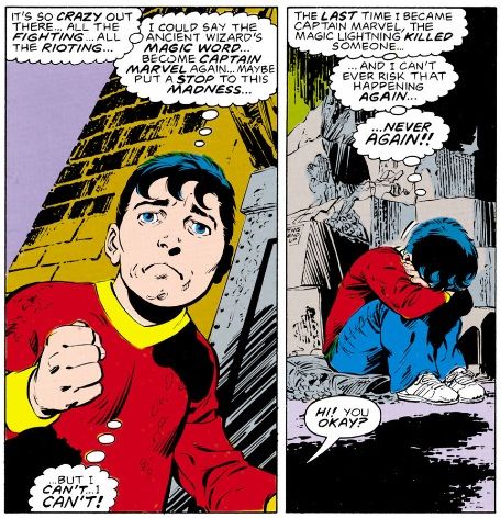 Billy Batson, believing that his powers killed someone, cries while vowing never to become Captain Marvel again,