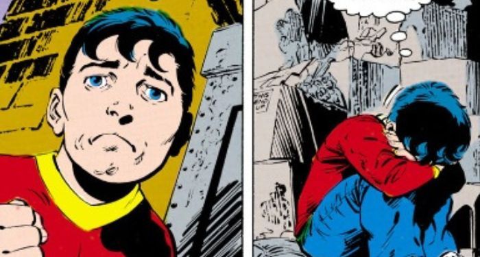 comics panel closeup of Billy Batson, believing that his powers killed someone, cries while vowing never to become Captain Marvel again,